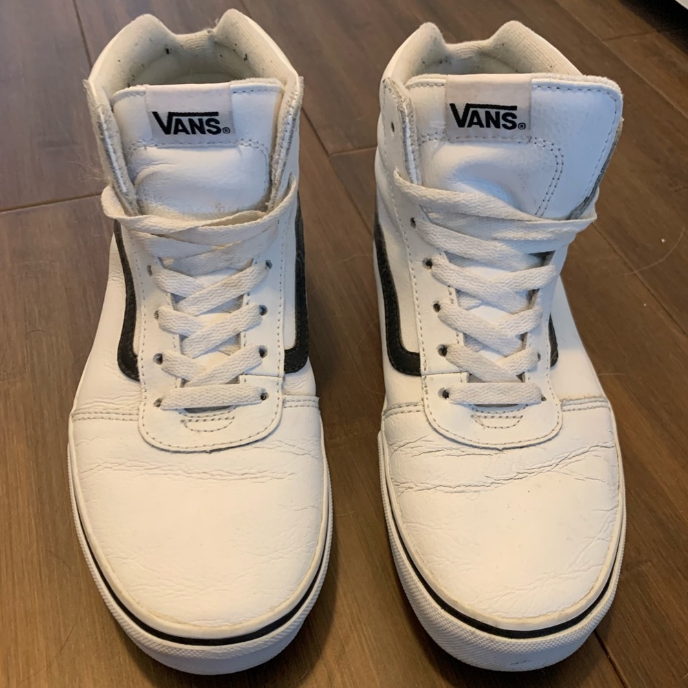 White leather high top Vans